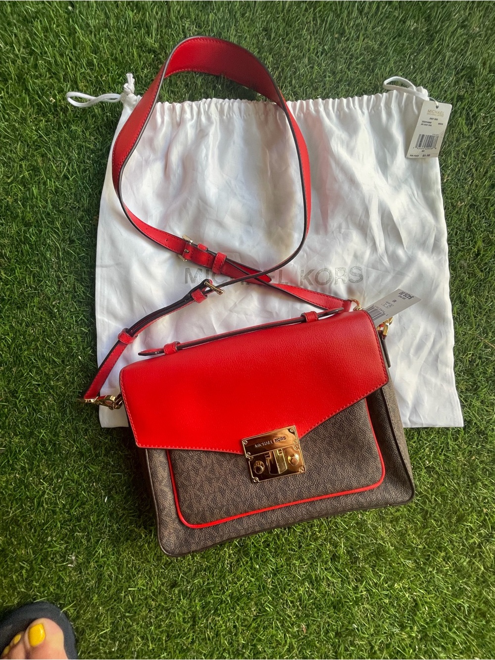 Michael Kors Red and Brown Signature Shoulder Bag